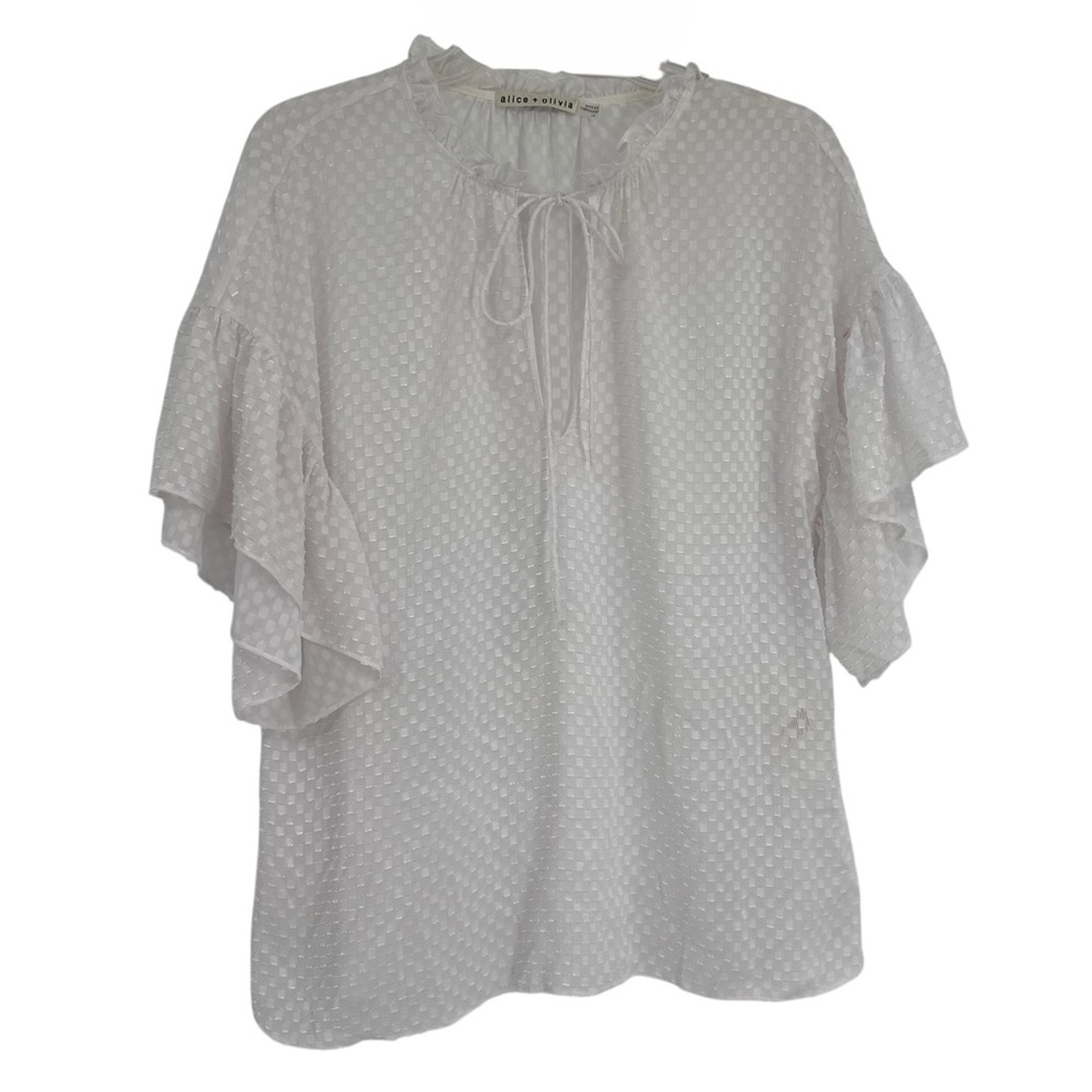 Alice + Olivia Semisheer Blouse Size L Julius White  Ruffle Sleeve Clip Dot